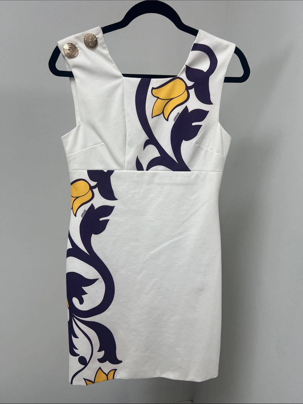 Versace White Mini Dress with Navy Floral Scrolls and Yellow Tulip Accents